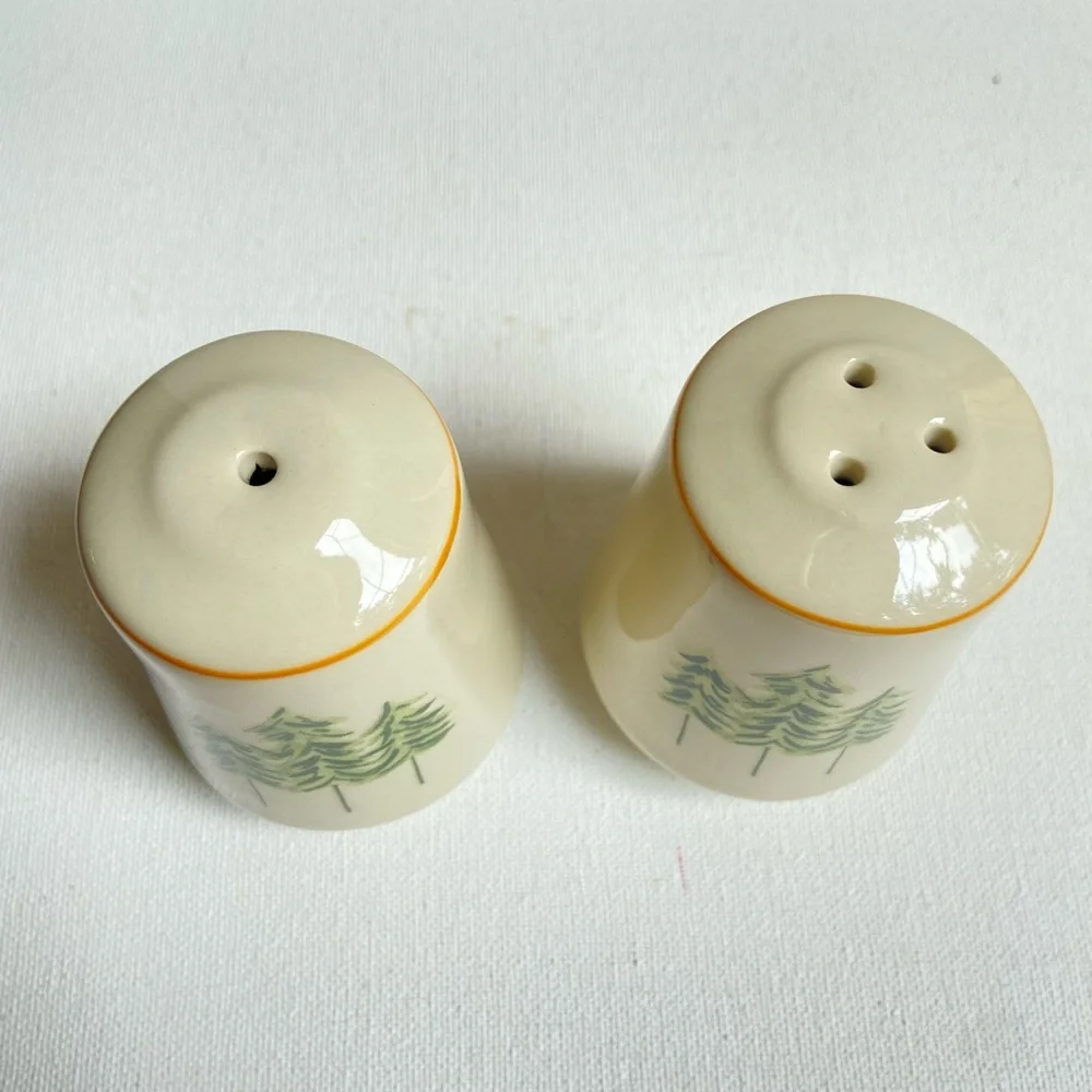 Pine Trees ceramic salt and pepper shakers in cream with shades of green